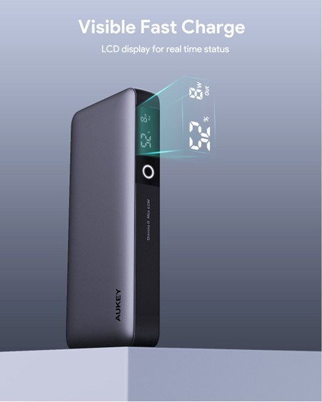 AUKEY POWERBANK 20000MAH, 2X USB-C PD 65W, USB-A 18W, SZARY AUKEY POWERBANK 20000MAH, 2X USB-C PD 65W, USB-A 18W, SZARY