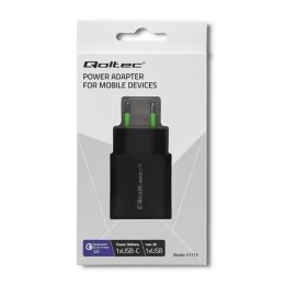 Qoltec QOLTEC ŁADOWARKA SIECIOWA 18W | 5-12V | 1.5-3A | USB TYP C PD | USB QC 3.0 | CZARNA
