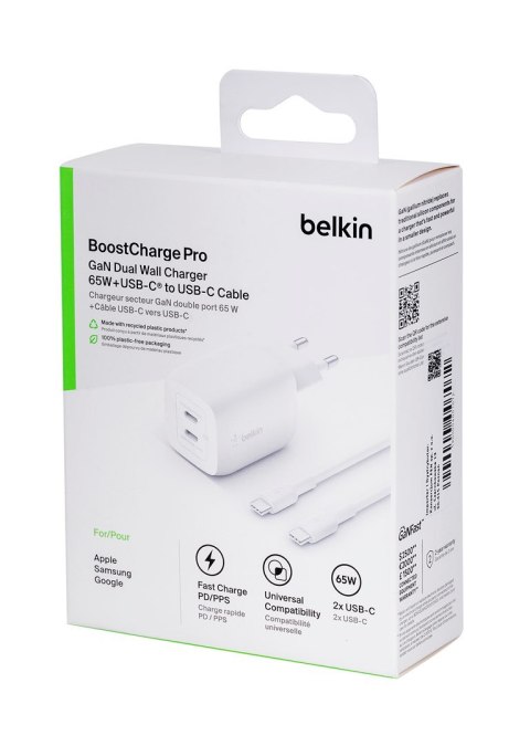 Ładowarka Belkin BoostCharge Pro Dual USB-C PD 3.0 PPS GaN Wall Charger 65W + USB-C to USB-C Cable 2m White Ładowarka Belkin BoostCharge Pro Dual USB-C PD 3.0 PPS GaN Wall Charger 65W + USB-C to USB-C Cable 2m White
