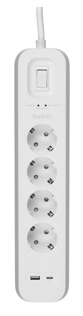 Listwa zasilająca Belkin Power Surge 4-PORT + 1xUSB-A +1xUSB-C 2.4A PD 525J 2m White Schuko Listwa zasilająca Belkin Power Surge 4-PORT + 1xUSB-A +1xUSB-C 2.4A PD 525J 2m White Schuko