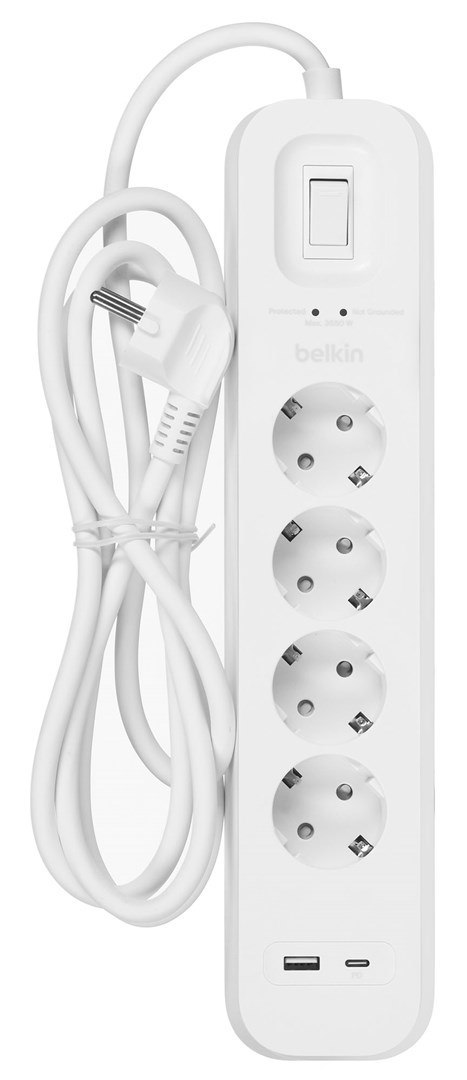 Listwa zasilająca Belkin Power Surge 4-PORT + 1xUSB-A +1xUSB-C 2.4A PD 525J 2m White Schuko Listwa zasilająca Belkin Power Surge 4-PORT + 1xUSB-A +1xUSB-C 2.4A PD 525J 2m White Schuko