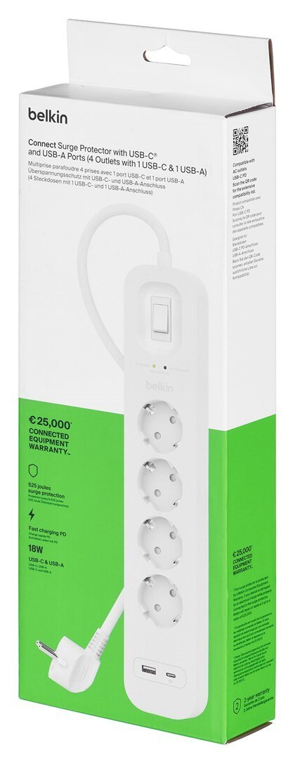 Listwa zasilająca Belkin Power Surge 4-PORT + 1xUSB-A +1xUSB-C 2.4A PD 525J 2m White Schuko Listwa zasilająca Belkin Power Surge 4-PORT + 1xUSB-A +1xUSB-C 2.4A PD 525J 2m White Schuko