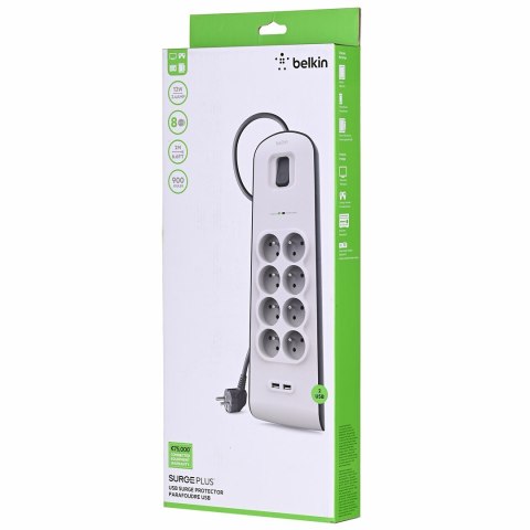 Listwa zasilająca Belkin Power Surge 8-PORT + 2xUSB-A 18W 900J 2m Grey/White Listwa zasilająca Belkin Power Surge 8-PORT + 2xUSB-A 18W 900J 2m Grey/White
