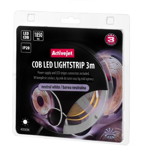 Taśma LED COB 3m z zasilaczem barwa neutralna IP20 Taśma LED COB 3m z zasilaczem barwa neutralna IP20