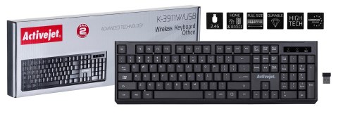 Activejet K-3911W Klawiatura bezprzewodowa, zasilanie baterią 1x 1,5V AAA, czarna Activejet K-3911W Klawiatura bezprzewodowa, zasilanie baterią 1x 1,5V AAA, czarna