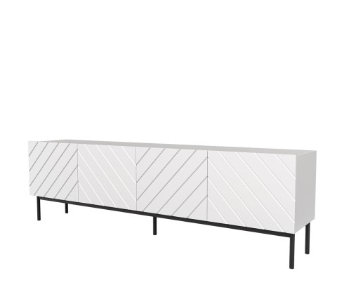 Szafka RTV ABETO na czarnym stelażu ze stali 200x42x60 biały/biały połysk Szafka RTV ABETO na czarnym stelażu ze stali 200x42x60 biały/biały połysk