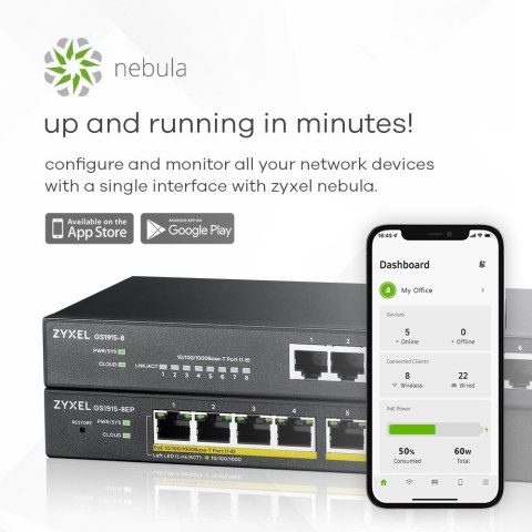 Switch Zyxel GS1915-8EP 8p PoE (PoE+: 8;) 60W Managed Gigabit Switch Zyxel GS1915-8EP 8p PoE (PoE+: 8;) 60W Managed Gigabit