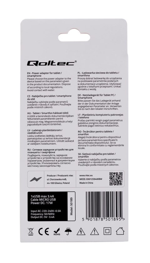 Ładowarka sieciowa Qoltec 50189 (3400 mA; 17W; Micro USB, USB) Ładowarka sieciowa Qoltec 50189 (3400 mA; 17W; Micro USB, USB)