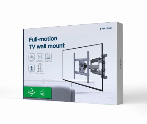 GEMBIRD UCHWYT ŚCIENNY REGULOWANY LCD 32"-75" VESA MAX 600 X 400MM, DO 45KG GEMBIRD UCHWYT ŚCIENNY REGULOWANY LCD 32"-75" VESA MAX 600 X 400MM, DO 45KG
