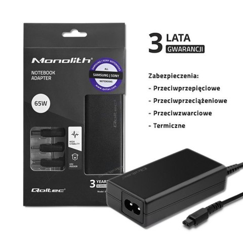 QOLTEC ZASILACZ DO LAPTOPÓW SPECJALIZOWANY DO SAMSUNG / SONY 65W | 3WTYCZKI | +KABEL ZASILAJĄCY QOLTEC ZASILACZ DO LAPTOPÓW SPECJALIZOWANY DO SAMSUNG / SONY 65W | 3WTYCZKI | +KABEL ZASILAJĄCY