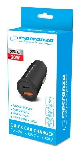 ESPERANZA ŁADOWARKA SAMOCHODOWA 20W USB-C PD 20W / USB-A QC 3.0 18W EZC111K ESPERANZA ŁADOWARKA SAMOCHODOWA 20W USB-C PD 20W / USB-A QC 3.0 18W EZC111K