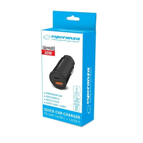 ESPERANZA ŁADOWARKA SAMOCHODOWA 20W USB-C PD 20W / USB-A QC 3.0 18W EZC111K ESPERANZA ŁADOWARKA SAMOCHODOWA 20W USB-C PD 20W / USB-A QC 3.0 18W EZC111K