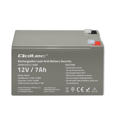 QOLTEC AKUMULATOR AGM 12V | 7AH | MAX. 105A | SECURITY QOLTEC AKUMULATOR AGM 12V | 7AH | MAX. 105A | SECURITY