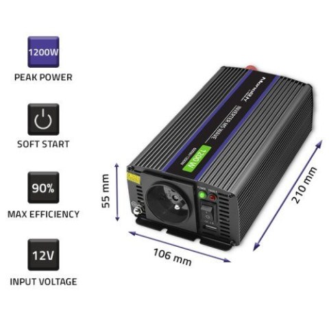 QOLTEC PRZETWORNICA NAPIĘCIA MONOLITH 1200 MS WAVE | 12V NA 230V | 600/1200W | USB QOLTEC PRZETWORNICA NAPIĘCIA MONOLITH 1200 MS WAVE | 12V NA 230V | 600/1200W | USB