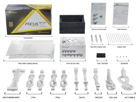 Zasilacz PSU 750W Seasonic FOCUS-GX-750-V4-WHITE ATX 3.1 80+ Gold Zasilacz PSU 750W Seasonic FOCUS-GX-750-V4-WHITE ATX 3.1 80+ Gold