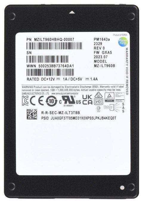 Dysk SSD Samsung PM1643a 960GB 2.5" SAS 12Gb/s MZILT960HBHQ-00007 (DWPD 1) Samsung SemiConductor