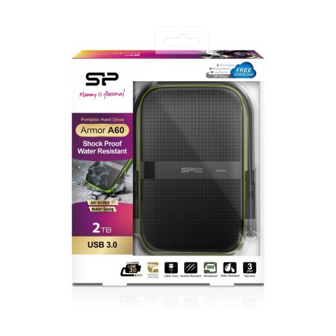 Dysk zewnętrzny HDD Silicon Power Armor A60 (2TB; 2.5"; USB 3.2; 5400 obr/min; Green-Black; SP020TBPHDA60S3K) Silicon Power