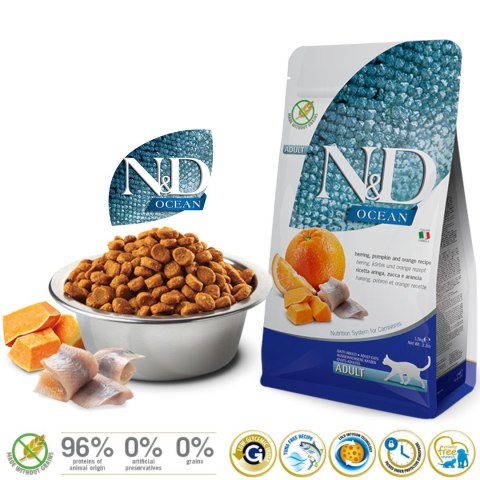 FARMINA N&D Ocean Herring, Pumpkin & Orange Adult - sucha karma dla kota - 1,5kg Farmina