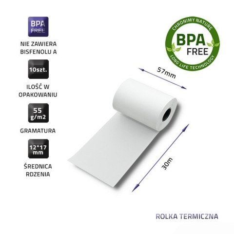 Qoltec QOLTEC ROLKA TERMICZNA 57X30 | 55G/M2 | 10SZT | BPA FREE Qoltec QOLTEC ROLKA TERMICZNA 57X30 | 55G/M2 | 10SZT | BPA FREE
