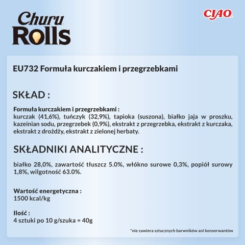 INABA INABA Churu Rolls Tuńczyk z przegrzebkami - przysmak dla kota - 4x10 g INABA INABA Churu Rolls Tuńczyk z przegrzebkami - przysmak dla kota - 4x10 g