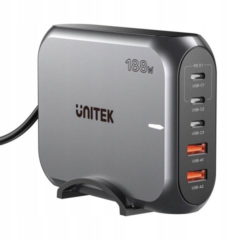 UNITEK UNITEK ŁADOWARKA SIECIOWA 2X USB-A 3X USB-C GAN PD 3.1 188W UNITEK UNITEK ŁADOWARKA SIECIOWA 2X USB-A 3X USB-C GAN PD 3.1 188W