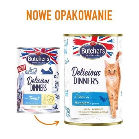 Butcher's BUTCHER'S Delicious Dinners Kawałki z pstrągiem w galaretce - mokra karma dla kota - 400 g Butcher's BUTCHER'S Delicious Dinners Kawałki z pstrągiem w galaretce - mokra karma dla kota - 400 g