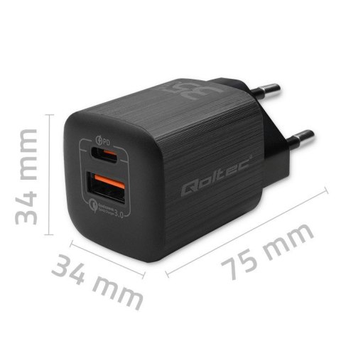 Qoltec QOLTEC ŁADOWARKA SIECIOWA 35W GAN ULTRA | 5-20V | 2.25-3A | 1 X USB TYP C PD | 1 X USB QV 3.0 | CZARNA Qoltec QOLTEC ŁADOWARKA SIECIOWA 35W GAN ULTRA | 5-20V | 2.25-3A | 1 X USB TYP C PD | 1 X USB QV 3.0 | CZARNA