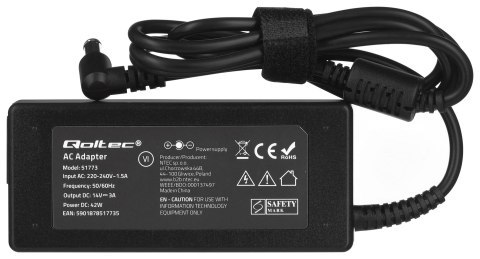 Qoltec QOLTEC ZASILACZ DO MONITORA SAMSUNG 42W | 14V | 3A | 6.5*4.4 |+KABEL ZASILAJĄCY Qoltec QOLTEC ZASILACZ DO MONITORA SAMSUNG 42W | 14V | 3A | 6.5*4.4 |+KABEL ZASILAJĄCY