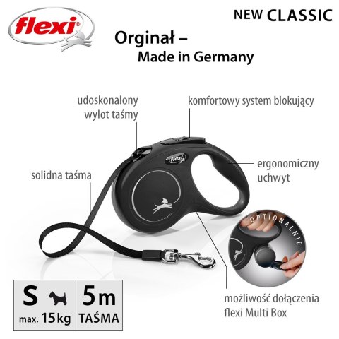 Flexi Smycz flexi automatyczna New Classic S czarna - taśma dla psa do 15 kg - 5 m Flexi Smycz flexi automatyczna New Classic S czarna - taśma dla psa do 15 kg - 5 m
