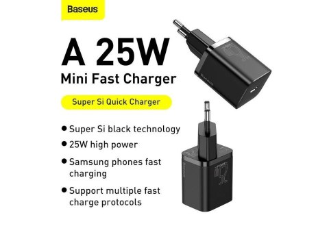 Baseus BASEUS ŁADOWARKA SIECIOWA Z KABLEM USB-C DO USB-C TZCCSUP-L01 SUPER SI 1C 25W CZARNA