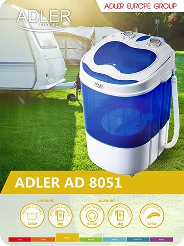 Adler Pralka turystyczna Adler AD 8051 (1000 obr/min; 3 kg; 370 mm; kolor niebieski) Adler Pralka turystyczna Adler AD 8051 (1000 obr/min; 3 kg; 370 mm; kolor niebieski)