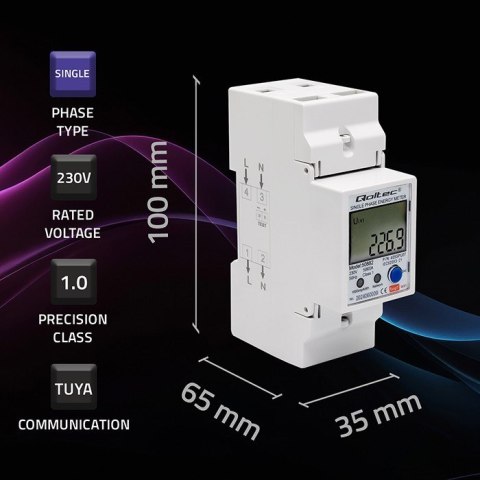 Qoltec QOLTEC LICZNIK ENERGII JEDNOFAZOWY ELEKTRONICZNY NA SZYNĘ DIN | 230V | LCD | WI-FI Qoltec QOLTEC LICZNIK ENERGII JEDNOFAZOWY ELEKTRONICZNY NA SZYNĘ DIN | 230V | LCD | WI-FI