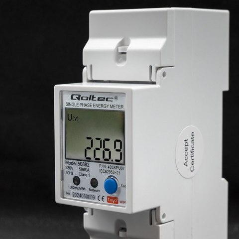 Qoltec QOLTEC LICZNIK ENERGII JEDNOFAZOWY ELEKTRONICZNY NA SZYNĘ DIN | 230V | LCD | WI-FI Qoltec QOLTEC LICZNIK ENERGII JEDNOFAZOWY ELEKTRONICZNY NA SZYNĘ DIN | 230V | LCD | WI-FI