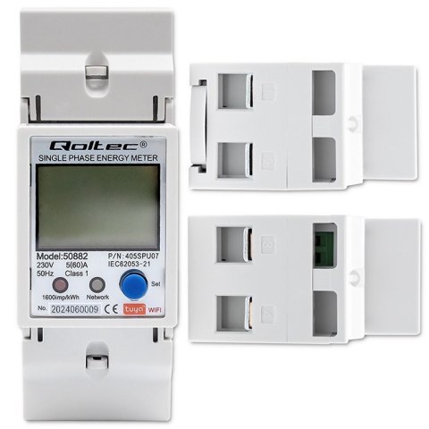 Qoltec QOLTEC LICZNIK ENERGII JEDNOFAZOWY ELEKTRONICZNY NA SZYNĘ DIN | 230V | LCD | WI-FI Qoltec QOLTEC LICZNIK ENERGII JEDNOFAZOWY ELEKTRONICZNY NA SZYNĘ DIN | 230V | LCD | WI-FI
