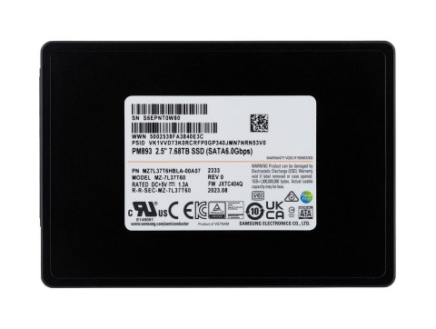 Samsung SemiConductor Dysk SSD Samsung PM893 7.68TB SATA 2.5" MZ7L37T6HBLA-00A07 (DWPD 1)