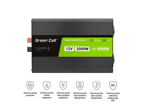 Green Cell GREEN CELL PRZETWORNICA LCD 12V/230V 2000W/4000W CZYSTY SINUS INVGC12P2000LCD Green Cell GREEN CELL PRZETWORNICA LCD 12V/230V 2000W/4000W CZYSTY SINUS INVGC12P2000LCD
