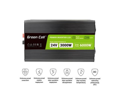 Green Cell GREEN CELL PRZETWORNICA LCD 24V/230V 3000W/6000W CZYSTY SINUS INVGC24P3000LCD Green Cell GREEN CELL PRZETWORNICA LCD 24V/230V 3000W/6000W CZYSTY SINUS INVGC24P3000LCD