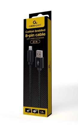 GEMBIRD GEMBIRD KABEL USB - DO 8 PIN W OPLOCIE TEKSTYLNYM, WTYKI W OSŁONIE METALOWEJ 1.8M, ŁADOWANIE/TRANSMISJA DANYCH, CZARNY