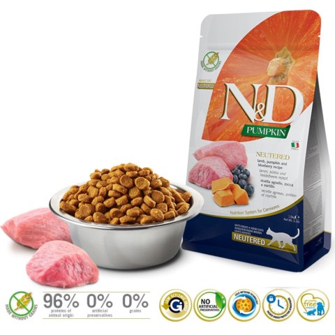 Farmina FARMINA N&D PUMPKIN CAT LAMB&BLUEBERRY NEUTERED - sucha karma dla kota - 1,5 kg Farmina FARMINA N&D PUMPKIN CAT LAMB&BLUEBERRY NEUTERED - sucha karma dla kota - 1,5 kg