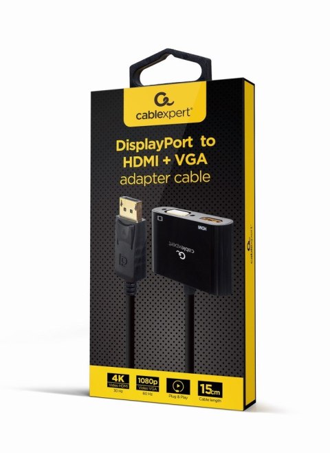 GEMBIRD GEMBIRD ADAPTER NA KABLU DISPLAYPORT MĘSKI NA ŻEŃSKI HDMI + ŻEŃSKI VGA CZARNY, 10CM GEMBIRD GEMBIRD ADAPTER NA KABLU DISPLAYPORT MĘSKI NA ŻEŃSKI HDMI + ŻEŃSKI VGA CZARNY, 10CM