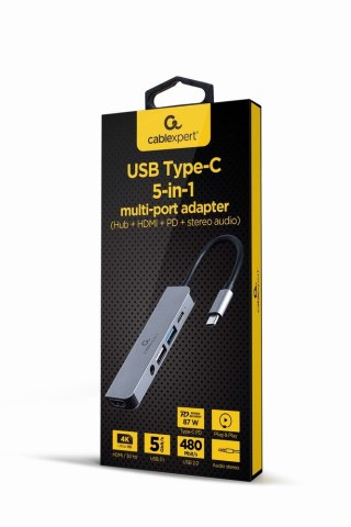 GEMBIRD GEMBIRD MULTI ADAPTER USB TYP-C 5W1 (HUB + HDMI + PD + DŹWIĘK STEREO) SREBRNY