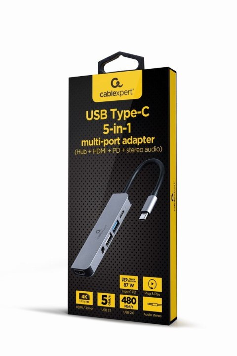 GEMBIRD GEMBIRD MULTI ADAPTER USB TYP-C 5W1 (HUB + HDMI + PD + DŹWIĘK STEREO) SREBRNY GEMBIRD GEMBIRD MULTI ADAPTER USB TYP-C 5W1 (HUB + HDMI + PD + DŹWIĘK STEREO) SREBRNY