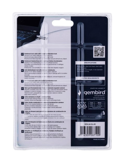GEMBIRD Linka zabezpieczająca do laptopa na 4 cyfrowy kod GEMBIRD LK-CL-01 GEMBIRD Linka zabezpieczająca do laptopa na 4 cyfrowy kod GEMBIRD LK-CL-01