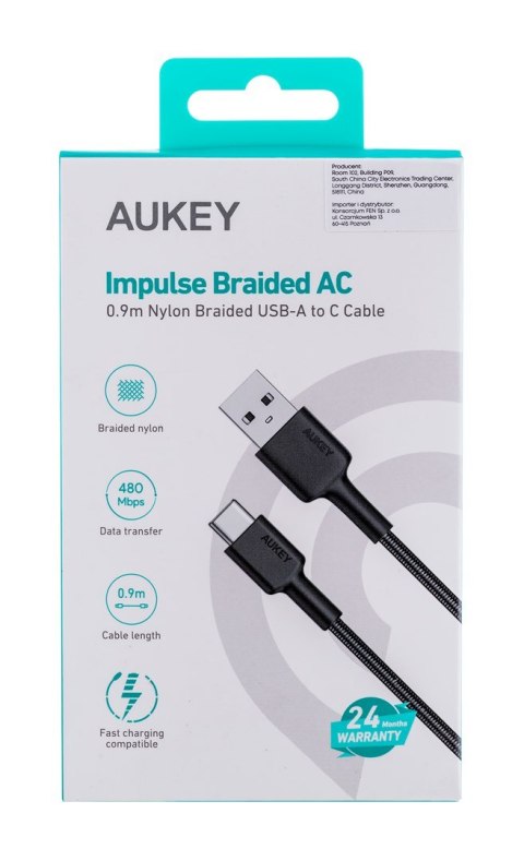 AUKEY AUKEY CB-CD30 KABEL USB-C QC PD 0.9M 3A NYLON AUKEY AUKEY CB-CD30 KABEL USB-C QC PD 0.9M 3A NYLON