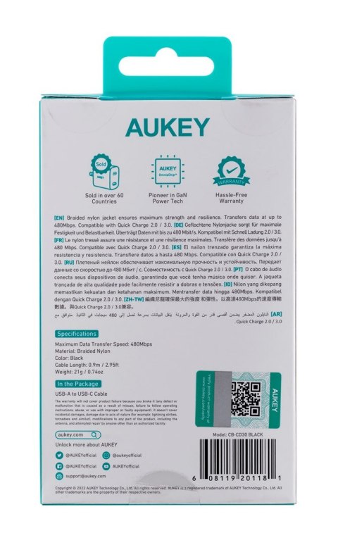 AUKEY AUKEY CB-CD30 KABEL USB-C QC PD 0.9M 3A NYLON AUKEY AUKEY CB-CD30 KABEL USB-C QC PD 0.9M 3A NYLON