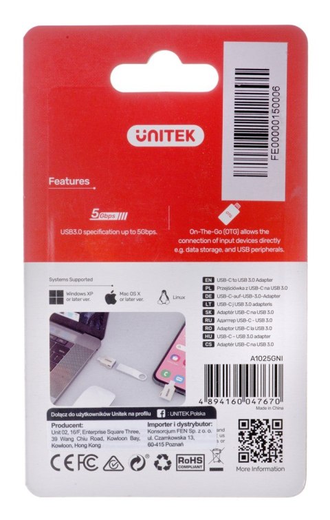 UNITEK UNITEK ADAPTER USB-C-USB-A 3.1 GEN1, M/F, A1025GNI UNITEK UNITEK ADAPTER USB-C-USB-A 3.1 GEN1, M/F, A1025GNI