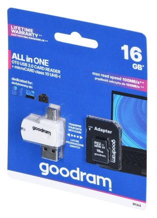GoodRam Karta pamięci z adapterem i czytnikiem kart GoodRam All in one M1A4-0160R12 (16GB; Class 10; Adapter, Czytnik kart MicroSDHC, Ka