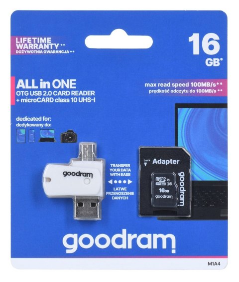 GoodRam Karta pamięci z adapterem i czytnikiem kart GoodRam All in one M1A4-0160R12 (16GB; Class 10; Adapter, Czytnik kart MicroSDHC, Ka GoodRam Karta pamięci z adapterem i czytnikiem kart GoodRam All in one M1A4-0160R12 (16GB; Class 10; Adapter, Czytnik kart MicroSDHC, Ka