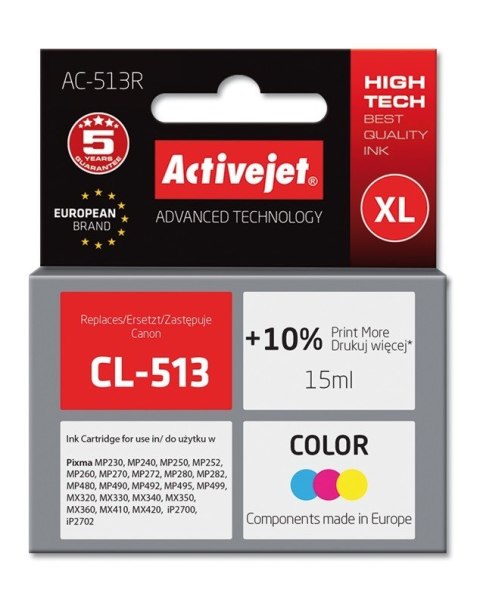 Activejet Activejet AC-513R Tusz (zamiennik Canon CL-513; Premium; 15 ml; kolor) (WYPRZEDAŻ)