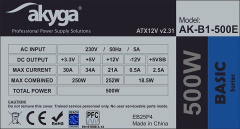 Akyga Zasilacz Akyga Basic AK-B1-500E (500 W; Pasywne; 120 mm) Akyga Zasilacz Akyga Basic AK-B1-500E (500 W; Pasywne; 120 mm)